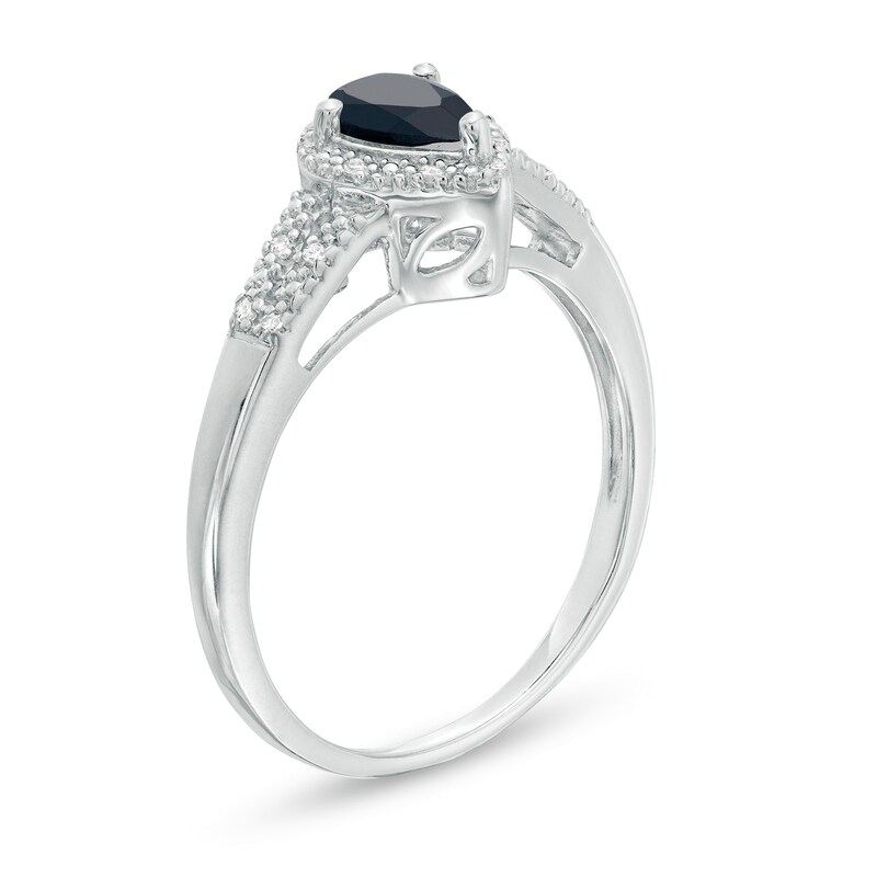 Main Image 3 of Pear-Shaped Black Sapphire and 1/20 CT. T.W. Diamond Frame Split Shank Ring in Sterling Silver