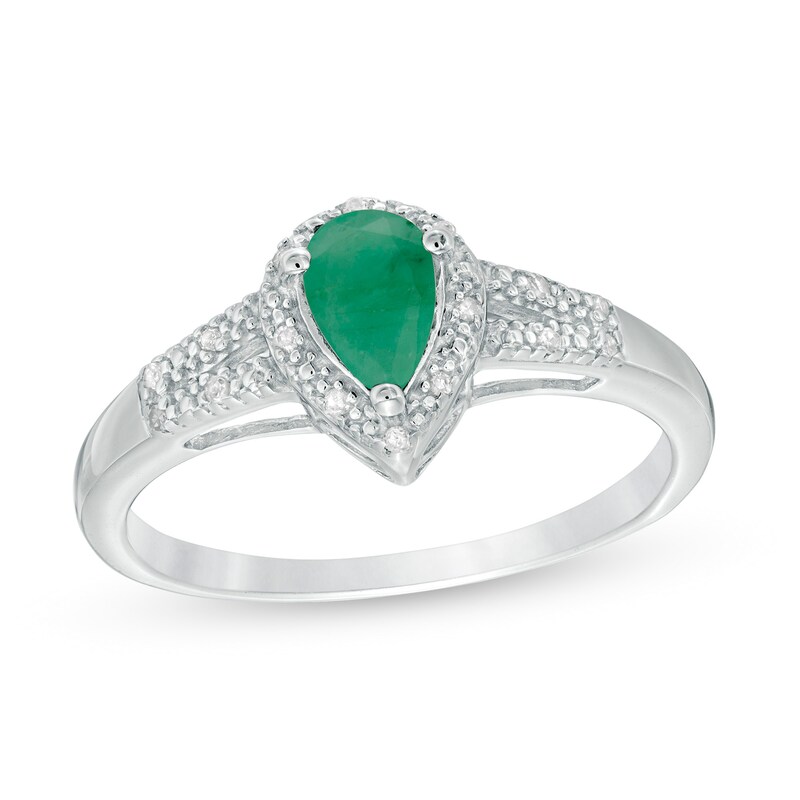 Pear-Shaped Emerald and 1/20 CT. T.W. Diamond Frame Split Shank Ring in Sterling Silver