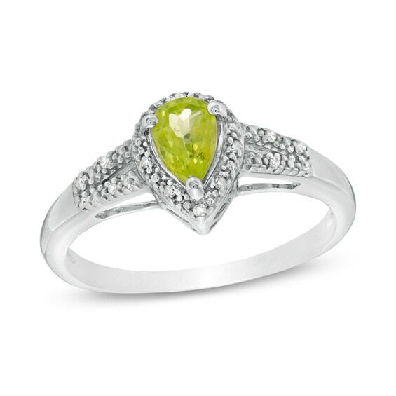 Pear-Shaped Peridot and 1/20 CT. T.W. Diamond Frame Split Shank Ring in Sterling Silver Pear-Shaped Peridot and 1/20 CT. T.W. Diamond Frame Split Shank Ring in Sterling Silver