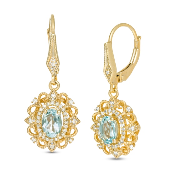 Oval Aquamarine and 1/8 CT. T.W. Diamond Vintage-Style Drop Earrings in ...