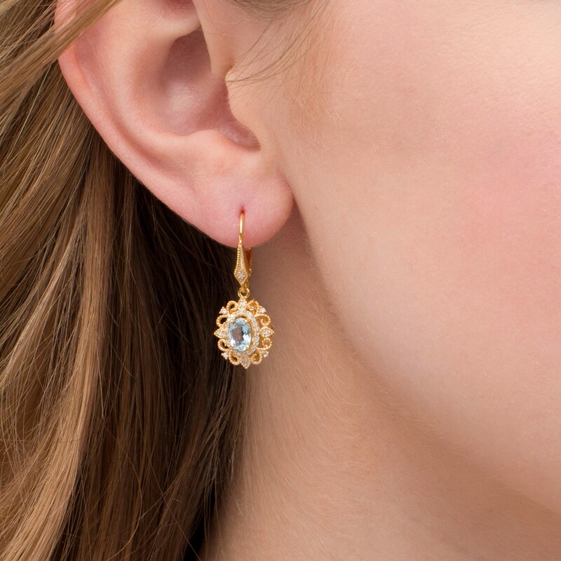 Main Image 2 of Oval Aquamarine and 1/8 CT. T.W. Diamond Vintage-Style Drop Earrings in 10K Gold