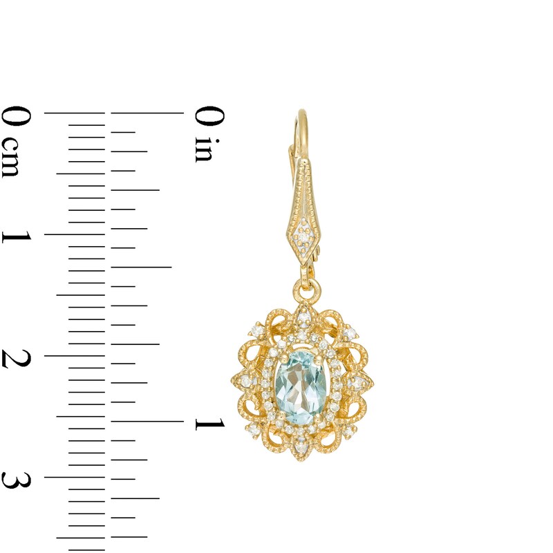 Main Image 3 of Oval Aquamarine and 1/8 CT. T.W. Diamond Vintage-Style Drop Earrings in 10K Gold