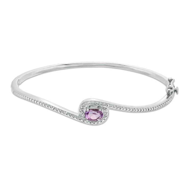 Oval Amethyst and Diamond Accent Frame Bypass Bangle in Sterling Silver