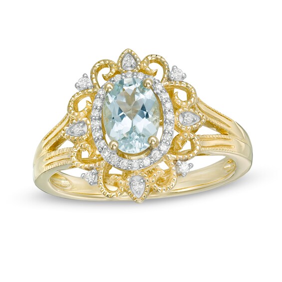 Oval Aquamarine and 1/10 CT. T.w. Diamond Frame Vintage-Style Ornate Ring in 10K Gold