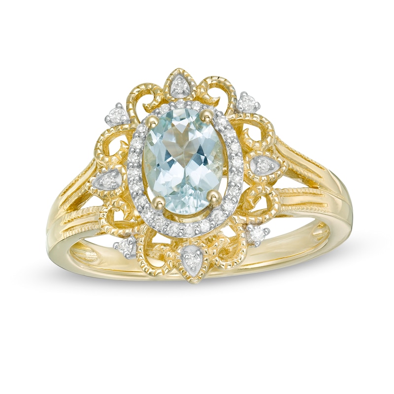 Main Image 1 of Oval Aquamarine and 1/10 CT. T.W. Diamond Frame Vintage-Style Ornate Ring in 10K Gold