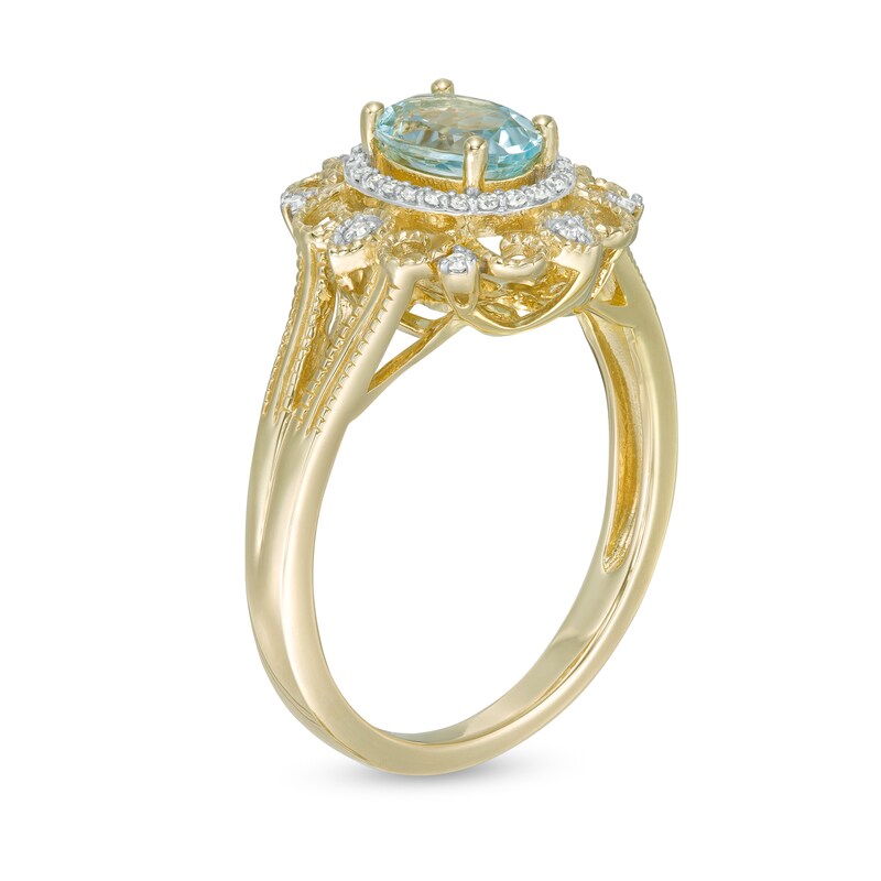 Main Image 3 of Oval Aquamarine and 1/10 CT. T.W. Diamond Frame Vintage-Style Ornate Ring in 10K Gold