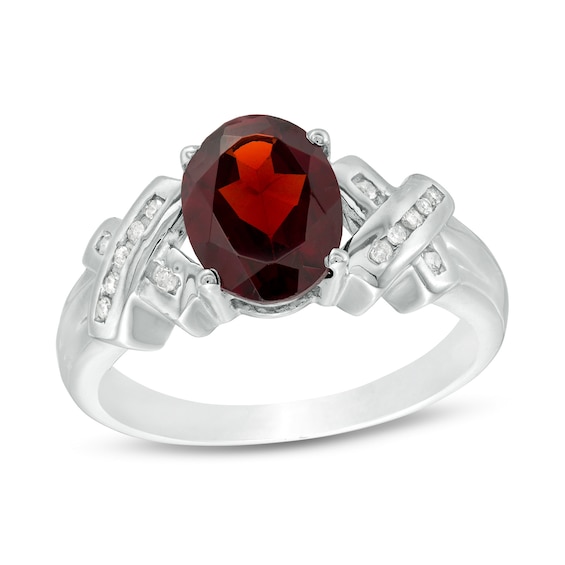 Oval Garnet and 1/10 CT. T.w. Diamond "X" Shank Ring in Sterling Silver