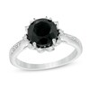 Thumbnail Image 1 of 8.0mm Black Sapphire and 1/15 CT. T.W. Diamond Petal Frame Ring in Sterling Silver