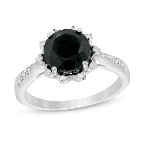 8.0mm Black Sapphire and 1/15 CT. T.w. Diamond Petal Frame Ring in Sterling Silver
