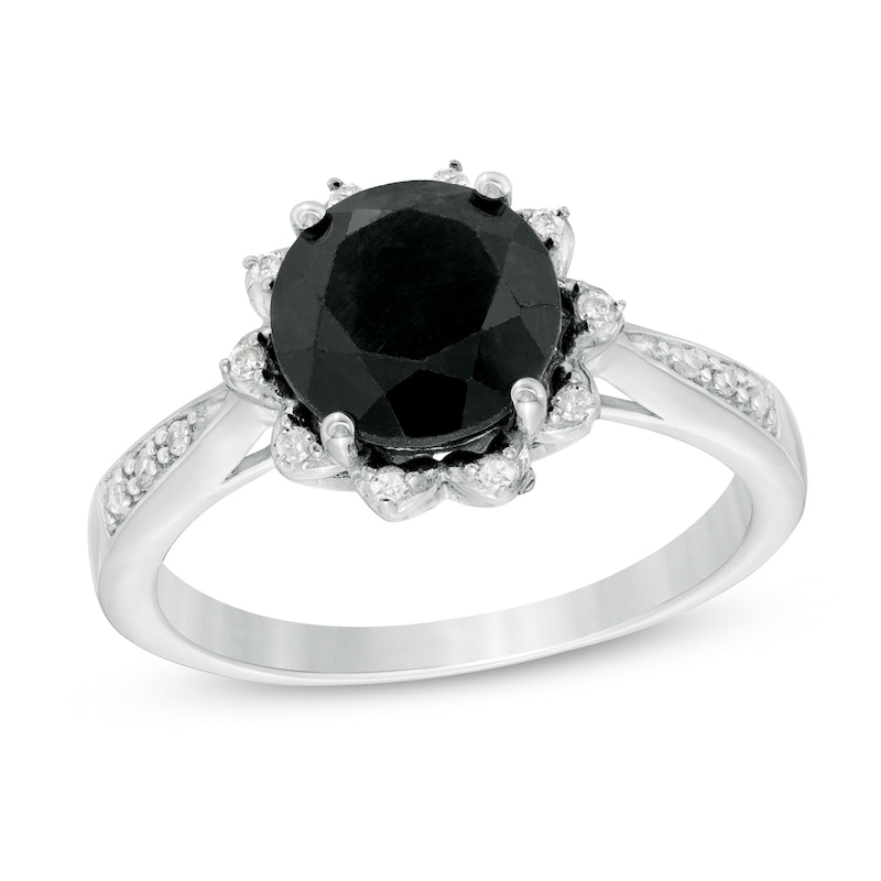 8.0mm Black Sapphire and 1/15 CT. T.W. Diamond Petal Frame Ring in Sterling Silver