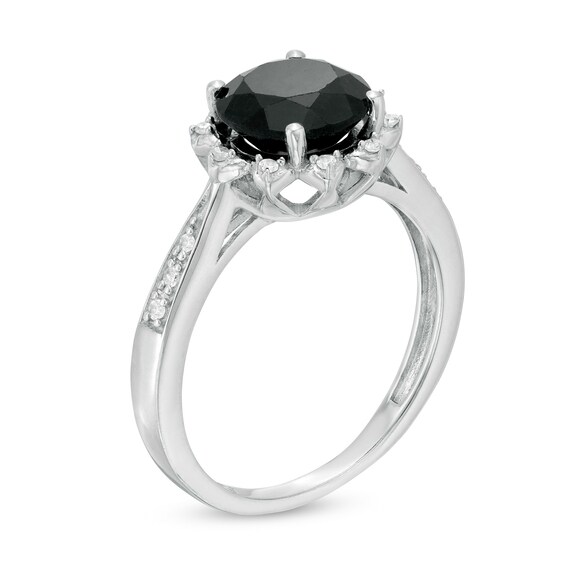 8.0mm Black Sapphire and 1/15 CT. T.w. Diamond Petal Frame Ring in Sterling Silver