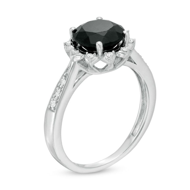 8.0mm Black Sapphire and 1/15 CT. T.W. Diamond Petal Frame Ring in Sterling Silver