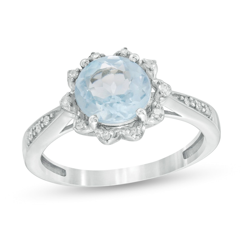 8.0mm Sky Blue Topaz and 1/15 CT. T.W. Diamond Petal Frame Ring in Sterling Silver