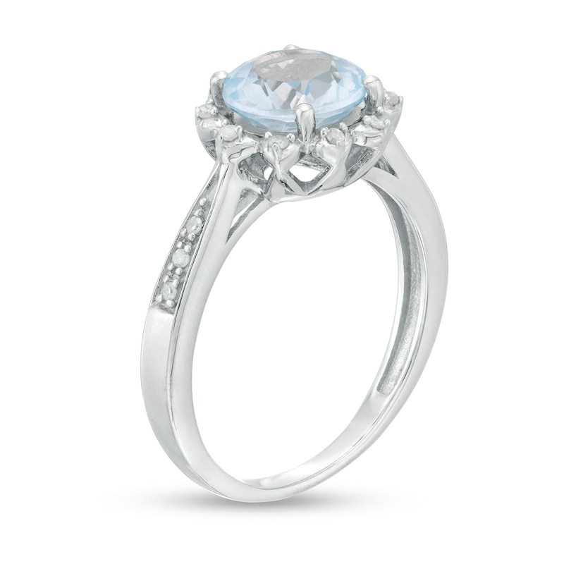8.0mm Sky Blue Topaz and 1/15 CT. T.W. Diamond Petal Frame Ring in Sterling Silver