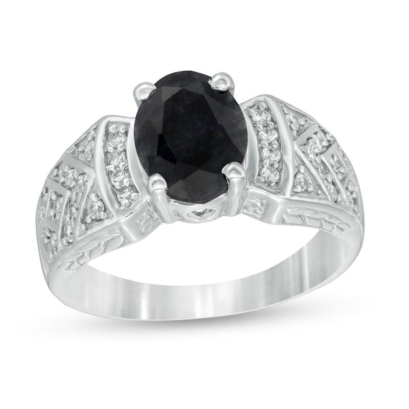 Main Image 1 of Oval Black Sapphire and Lab-Created White Sapphire Celtic Pattern Ring in Sterling Silver