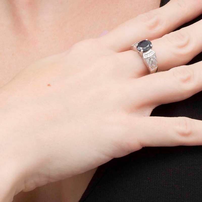 Main Image 2 of Oval Black Sapphire and Lab-Created White Sapphire Celtic Pattern Ring in Sterling Silver