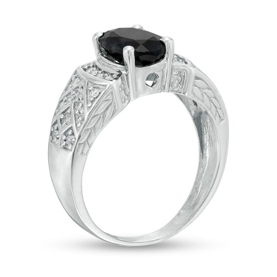 Oval Black Sapphire and Lab-Created White Sapphire Celtic Pattern Ring in Sterling Silver