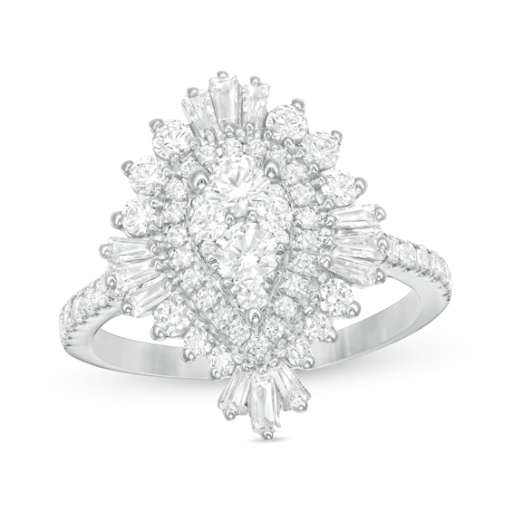 1-1/2 CT. T.w. Composite Diamond Teardrop Starburst Frame Ring in 14K White Gold