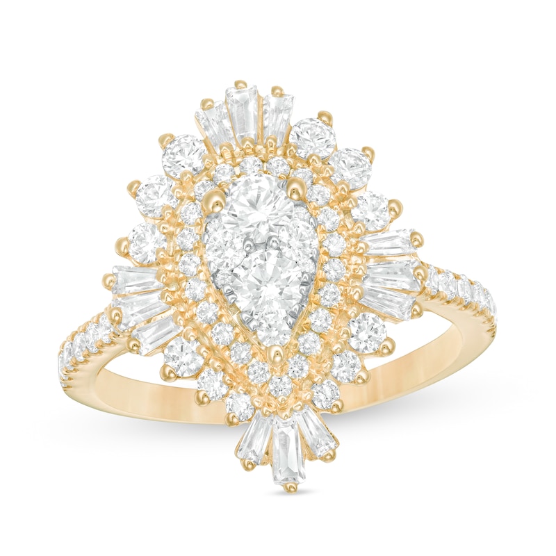 1-1/2 CT. T.W. Composite Diamond Teardrop Starburst Frame Ring in 14K Gold