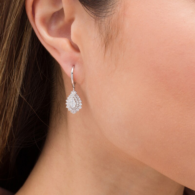 1 CT. T.W. Composite Diamond Teardrop Starburst Drop Earrings in 14K White Gold