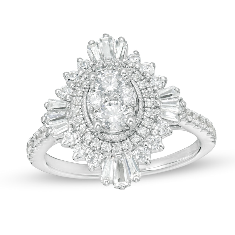 Main Image 1 of 1-1/4 CT. T.W. Composite Diamond Oval Starburst Frame Ring in 14K White Gold