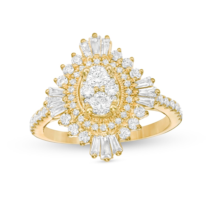 Main Image 1 of 1-1/4 CT. T.W. Composite Diamond Oval Starburst Frame Ring in 14K Gold