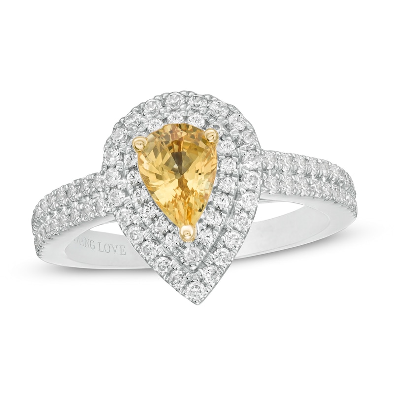 Main Image 1 of Vera Wang Love Collection Certified Pear-Shaped Sapphire and 1/2 CT. T.W. Diamond Engagement Ring in 14K White Gold
