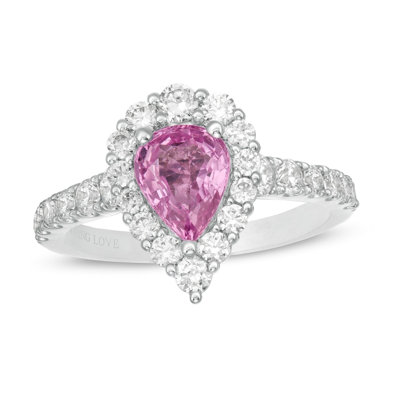 Main Image 1 of Vera Wang Love Collection Certified Pear-Shaped Pink Sapphire and 1 CT. T.W. Diamond Engagement Ring in 14K White Gold