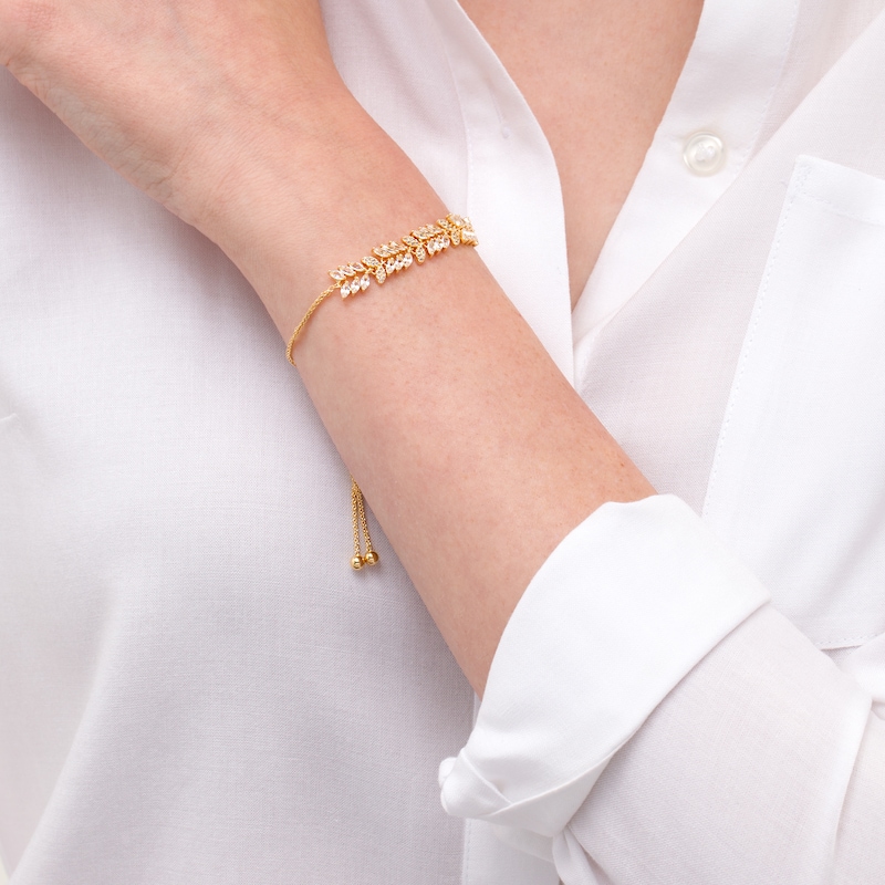 Main Image 2 of Marquise Lab-Created White Sapphire Laurel Leaves Bolo Bracelet in Sterling Silver with 18K Gold Plate - 9.0"