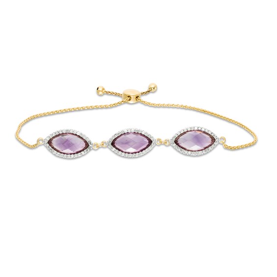 Marquise Amethyst and Lab-Created White Sapphire Frame Bolo Bracelet in Sterling Silver with 18K Gold Plate - 9.0"