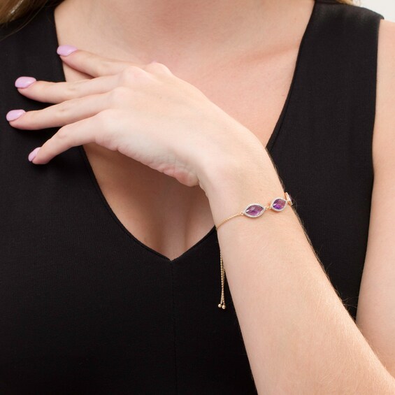Marquise Amethyst and Lab-Created White Sapphire Frame Bolo Bracelet in Sterling Silver with 18K Gold Plate - 9.0"