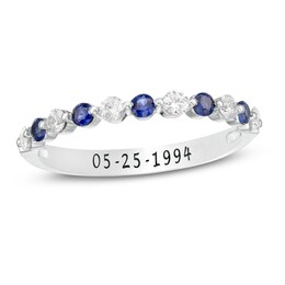 Lab-Created Blue Sapphire and 1/4 CT. T.W. Diamond Engravable Alternating Anniversary Band in 10K White Gold (1 Line)