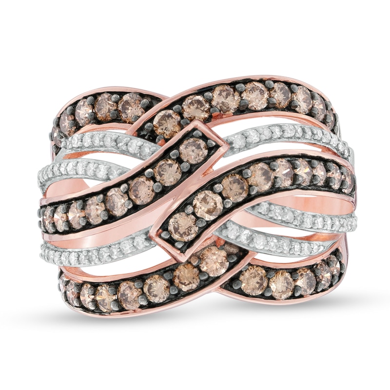 Main Image 1 of 1-1/2 CT. T.W. Champagne and White Diamond Multi-Row Ring in 10K Rose Gold