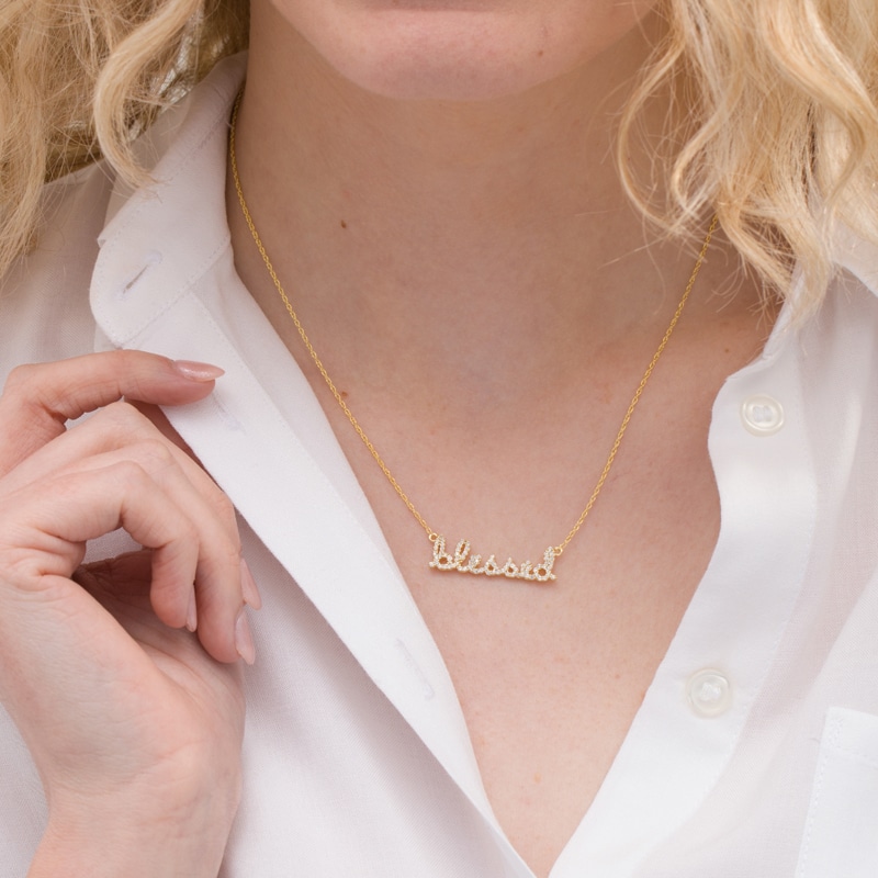 Main Image 2 of Lab-Created White Sapphire Cursive "blessed" Necklace in Sterling Silver with 18K Gold Plate