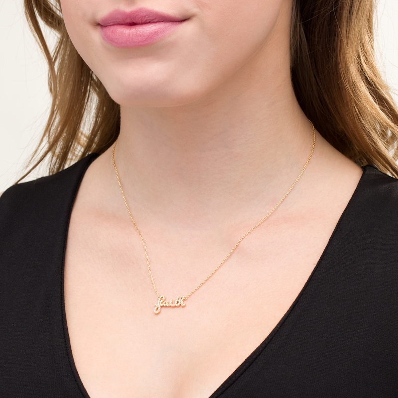 Main Image 2 of Lab-Created White Sapphire Cursive &quot;faith&quot; Necklace in Sterling Silver with 18K Gold Plate
