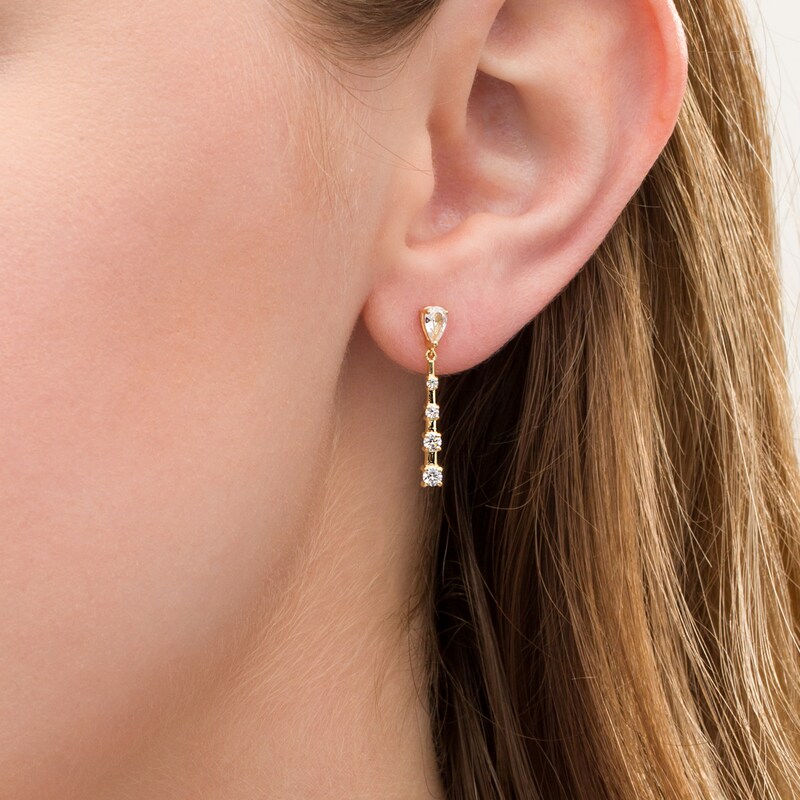 Main Image 2 of Pear-Shaped Lab-Created White Sapphire Graduated Pyramid Drop Earrings in Sterling Silver with 18K Gold Plate