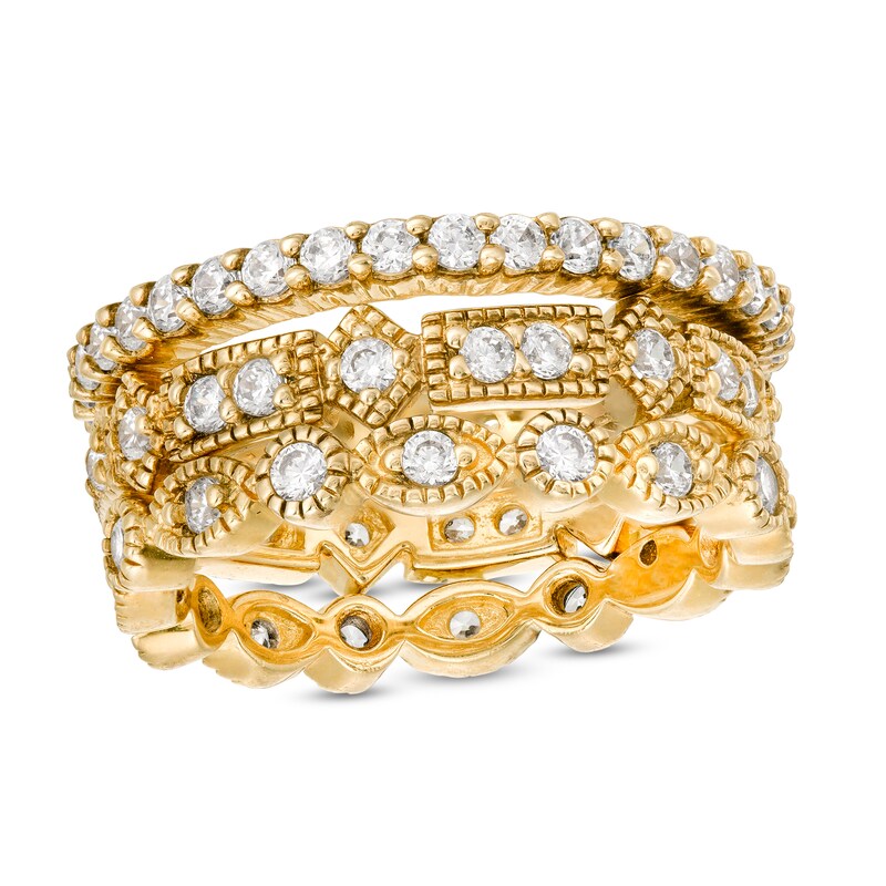 Main Image 1 of Lab-Created White Sapphire Vintage-Style Stackable Three Ring Set in Sterling Silver with 18K Gold Plate - Size 7