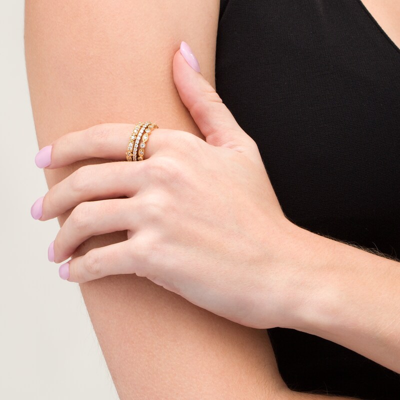 Main Image 2 of Lab-Created White Sapphire Vintage-Style Stackable Three Ring Set in Sterling Silver with 18K Gold Plate - Size 7