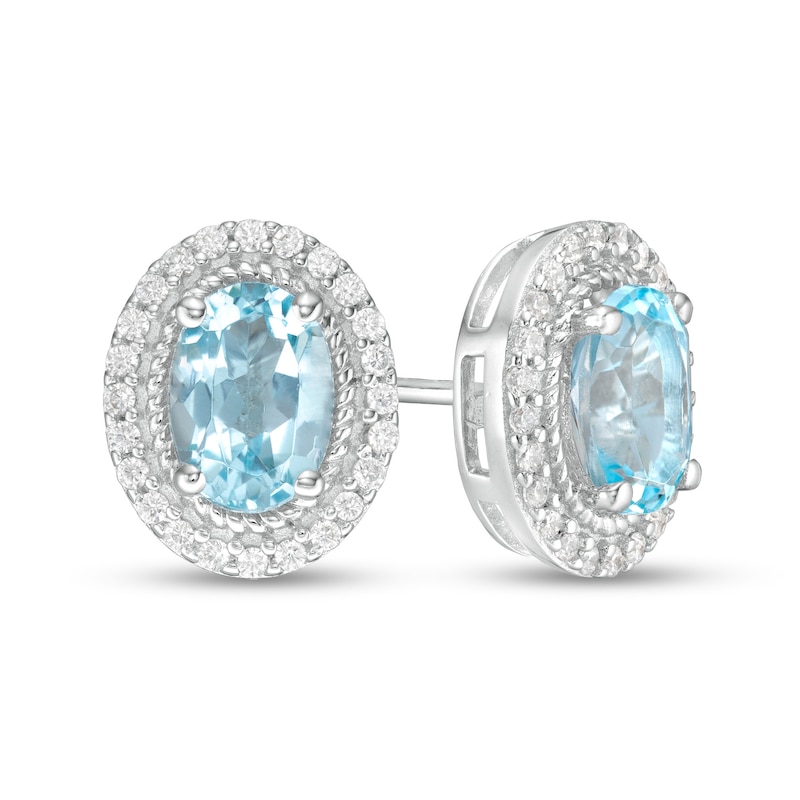 Main Image 1 of Oval Aquamarine and White Lab-Created Sapphire Rope Double Frame Stud Earrings in Sterling Silver