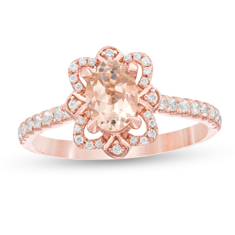 Main Image 1 of Oval Morganite and 1/4 CT. T.W. Diamond Butterfly Frame Ring in 10K Rose Gold