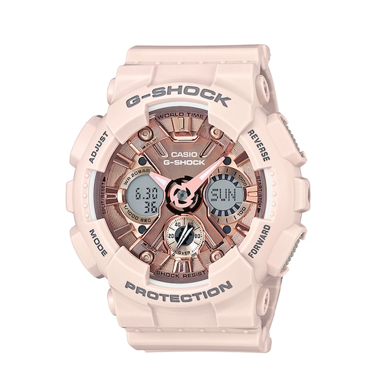 Ladies' Casio G-Shock Pink Strap Watch with Rose-Tone Dial (Model: GMAS120MF-4A) Ladies' Casio G-Shock Pink Strap Watch with Rose-Tone Dial (Model: GMAS120MF-4A)