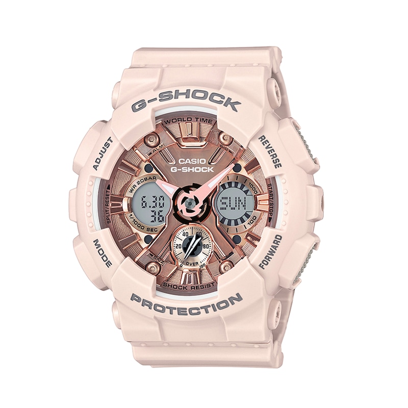 Ladies' Casio G-Shock Pink Resin Strap Watch with Rose-Tone Dial (Model: GMAS120MF-4A)