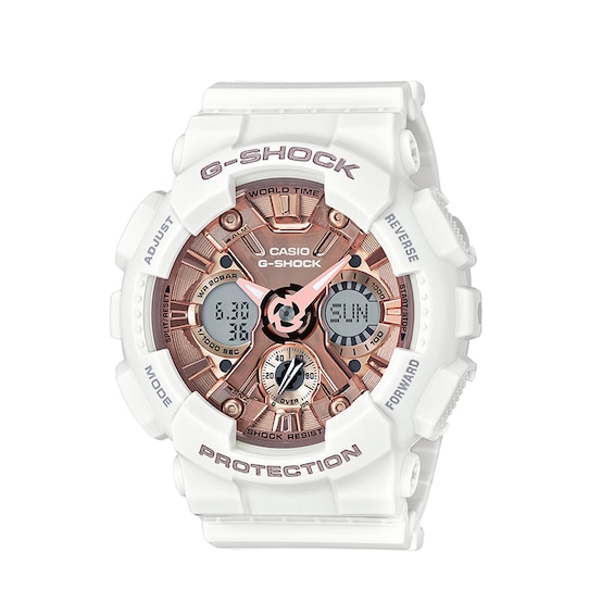 Ladies' Casio G-Shock White Resin Strap Watch with Rose-Tone Dial (Model: Gmas120Mf-7A2)