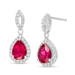Pear-Shaped Lab-Created Ruby and White Sapphire Frame Teardrop Earrings in Sterling Silver