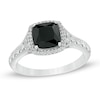 Thumbnail Image 1 of 7.0mm Cushion-Cut Black Sapphire and 1/10 CT. T.W. Diamond Frame Vintage-Style Ring in 10K White Gold