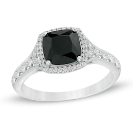 7.0mm Cushion-Cut Black Sapphire and 1/10 CT. T.W. Diamond Frame Vintage-Style Ring in 10K White Gold