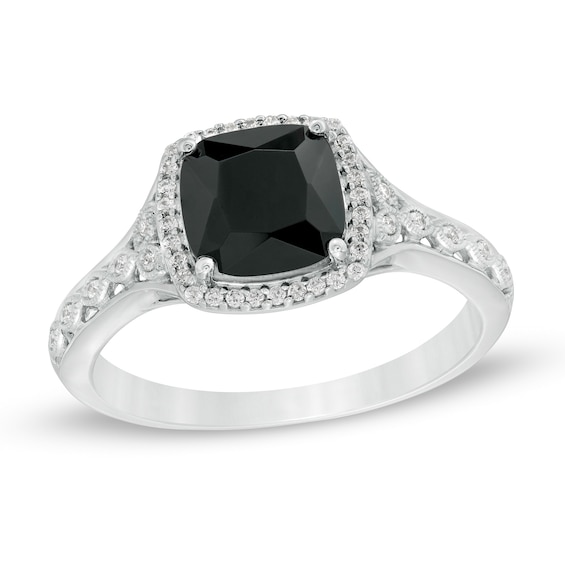 7.0mm Cushion-Cut Black Sapphire and 1/10 CT. T.w. Diamond Frame Vintage-Style Ring in 10K White Gold