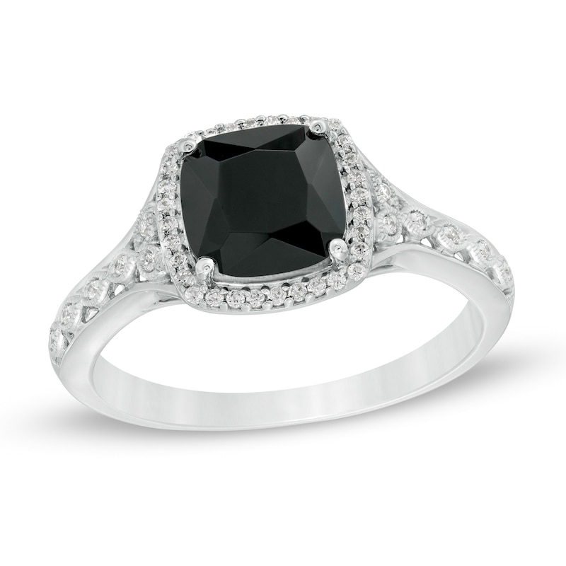 Main Image 1 of 7.0mm Cushion-Cut Black Sapphire and 1/10 CT. T.W. Diamond Frame Vintage-Style Ring in 10K White Gold