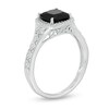 Thumbnail Image 2 of 7.0mm Cushion-Cut Black Sapphire and 1/10 CT. T.W. Diamond Frame Vintage-Style Ring in 10K White Gold