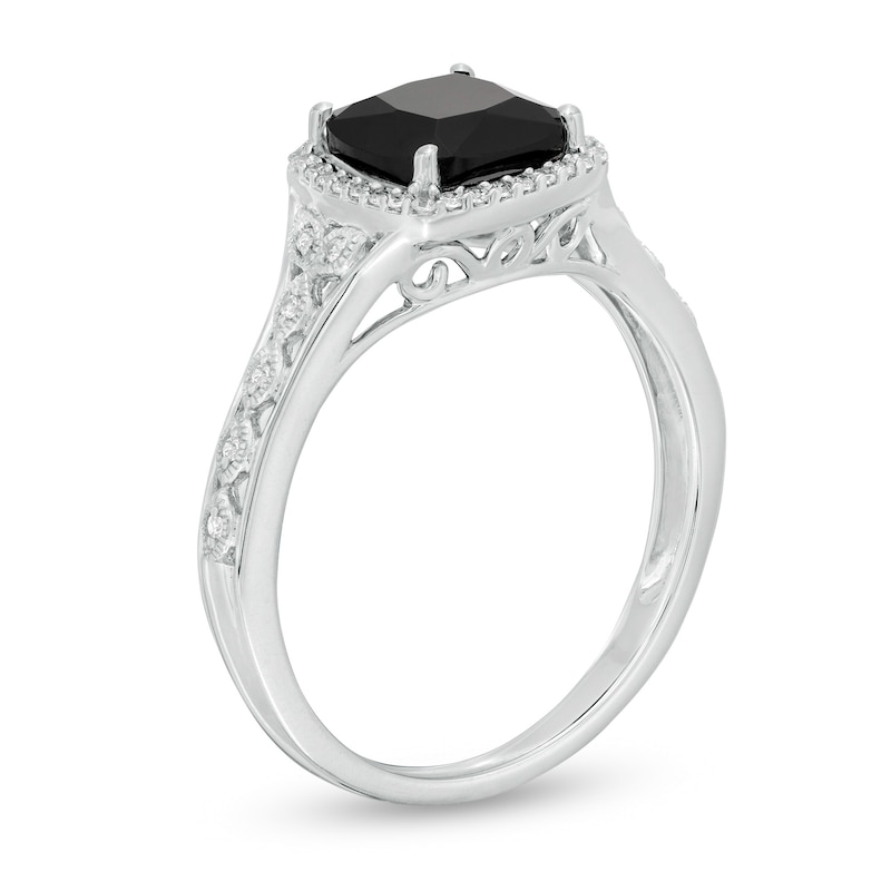 Main Image 2 of 7.0mm Cushion-Cut Black Sapphire and 1/10 CT. T.W. Diamond Frame Vintage-Style Ring in 10K White Gold